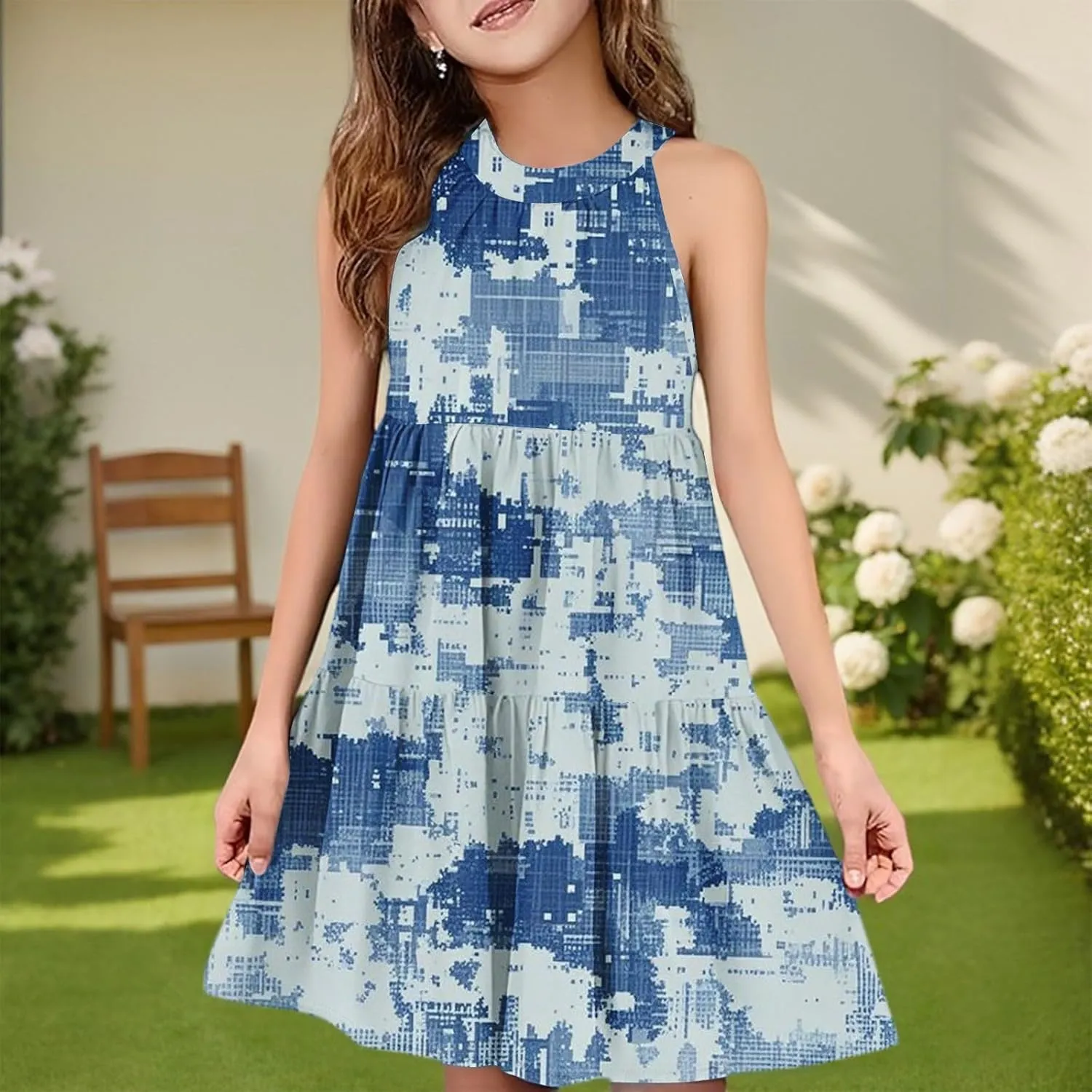Girls Dresses Halter Neck Vintage Floral Sleeveless Girl Dress Casual Swing Smocked A Line Sundress Summer Dresses