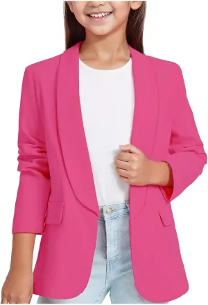 Girls Solid Blazer Jacket Long Sleeve Shawl Collar Open Front Inner Pocket Formal Blazers for Kids Size 3-14 Year