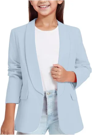 Girls Solid Blazer Jacket Long Sleeve Shawl Collar Open Front Inner Pocket Formal Blazers for Kids Size 3-14 Year