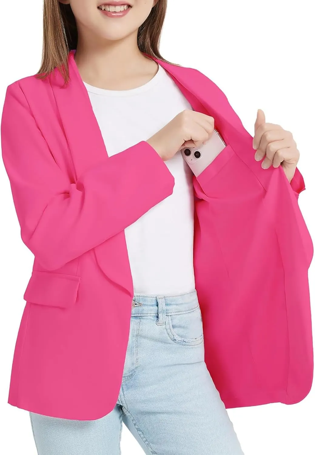 Girls Solid Blazer Jacket Long Sleeve Shawl Collar Open Front Inner Pocket Formal Blazers for Kids Size 3-14 Year