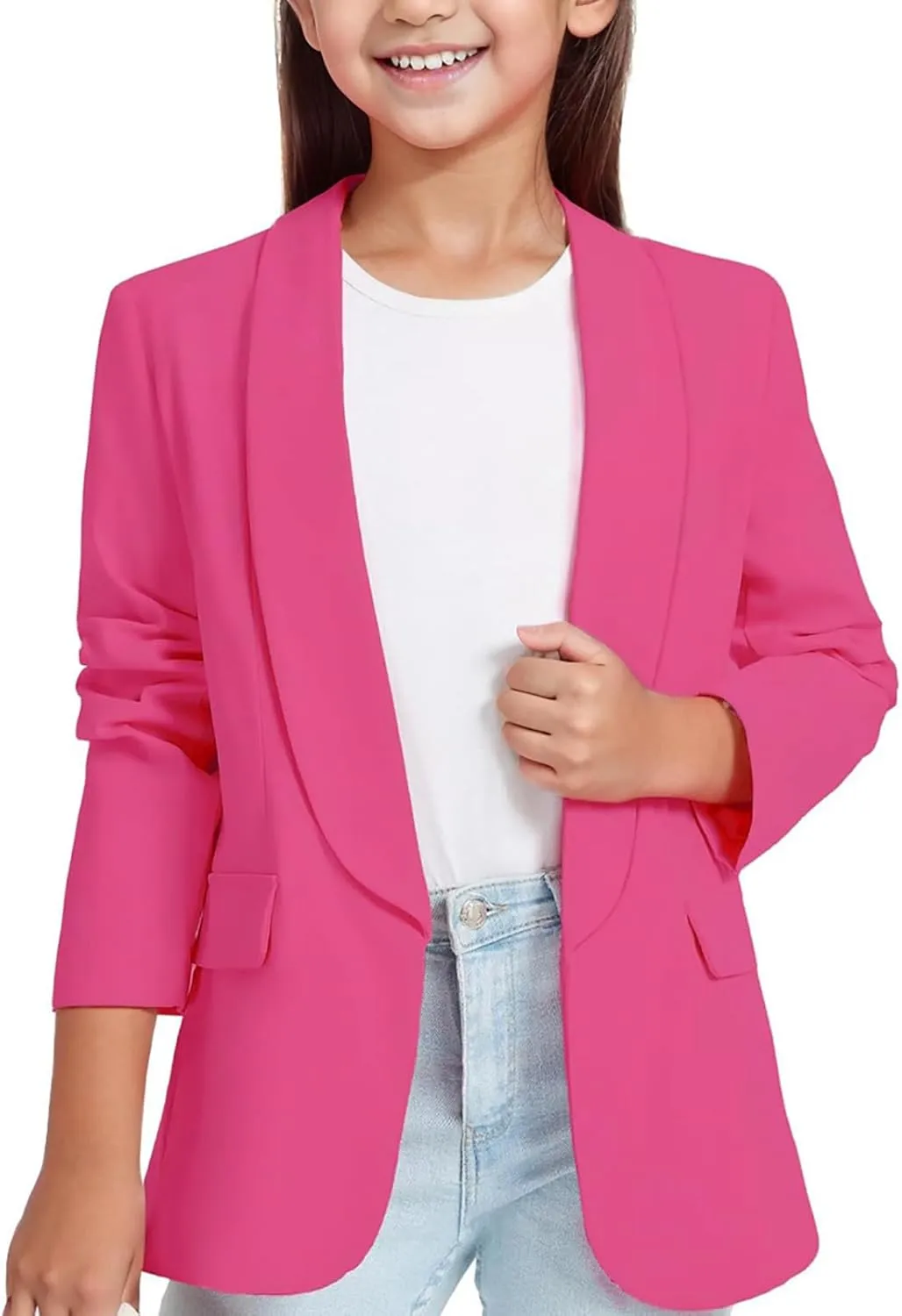 Girls Solid Blazer Jacket Long Sleeve Shawl Collar Open Front Inner Pocket Formal Blazers for Kids Size 3-14 Year