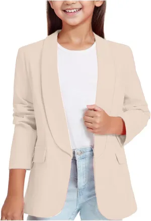 Girls Solid Blazer Jacket Long Sleeve Shawl Collar Open Front Inner Pocket Formal Blazers for Kids Size 3-14 Year