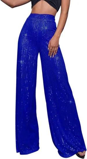 GOKKILRW Sequin Pant for Women Sparkly Glitter High Waist Wide Leg Slacks 70s Disco Party Night Club Trouser Shinny Buttoms