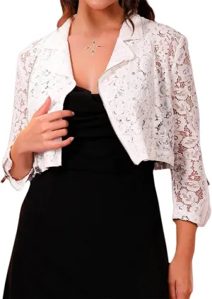 GORAIS Women Wedding Lace Jacket White 3/4 Sleeve Lapel Blazer Zip Up Formal Sheer Jackets for Evening Dresses