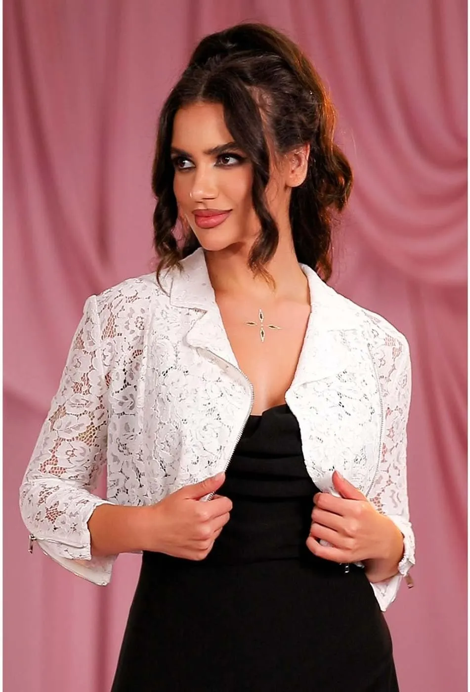 GORAIS Women Wedding Lace Jacket White 3/4 Sleeve Lapel Blazer Zip Up Formal Sheer Jackets for Evening Dresses