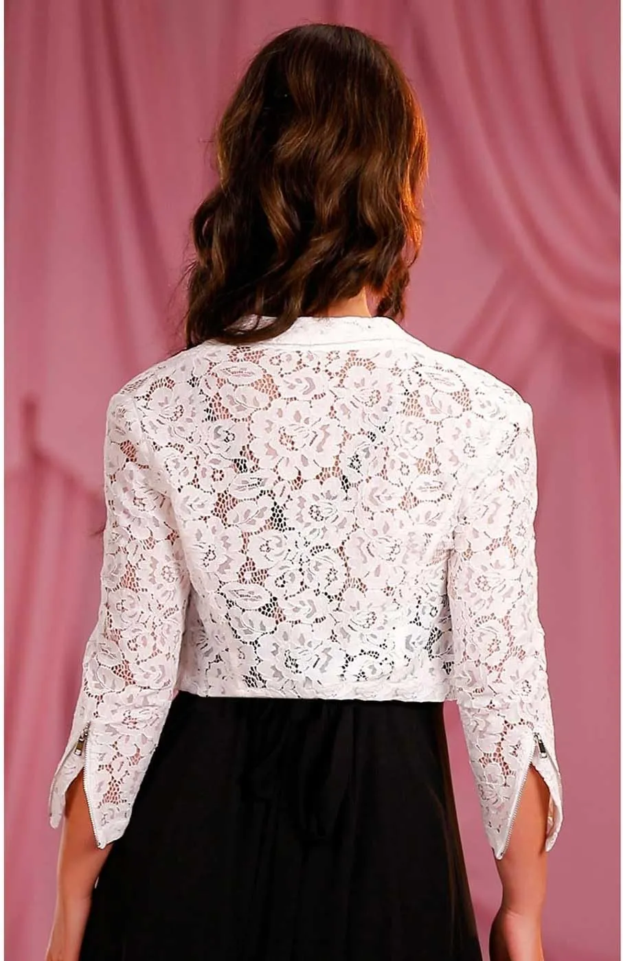 GORAIS Women Wedding Lace Jacket White 3/4 Sleeve Lapel Blazer Zip Up Formal Sheer Jackets for Evening Dresses