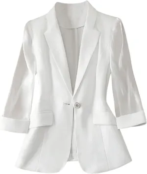 GORGLITTER Women's 3/4 Sleeve Blazer Jacket Bussiness Casual Striped Suit Jacket Work Lightweight Blazers White Large