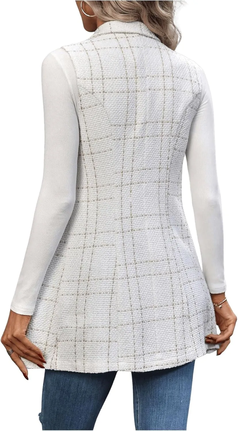 GORGLITTER Women's Plaid Sleeveless Long Vest Cardigan Business Casual Work Fall Blazers Outfits For Women 2024
