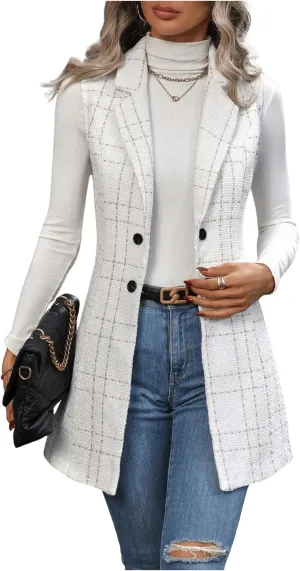 GORGLITTER Women's Plaid Sleeveless Long Vest Cardigan Business Casual Work Fall Blazers Outfits For Women 2024