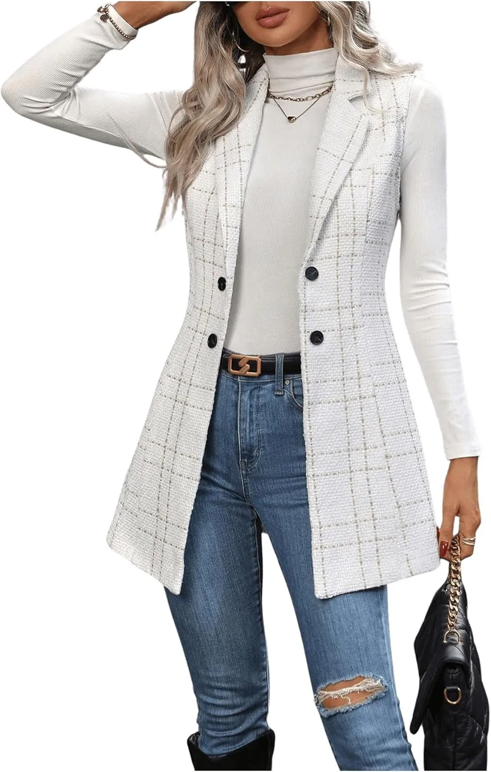 GORGLITTER Women's Plaid Sleeveless Long Vest Cardigan Business Casual Work Fall Blazers Outfits For Women 2024