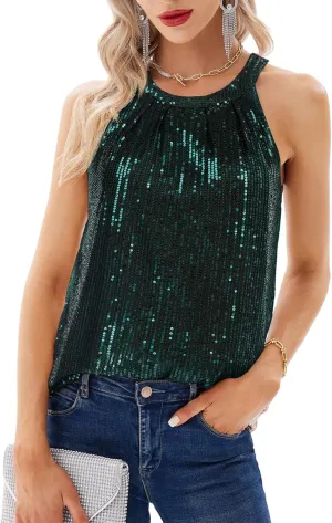 GRACE KARIN Sequin Halter Tops for Women Sleeveless Sparkly Shiny Tank Tops Ruched Flowy Sparkly Club Outfits Party Shirt
