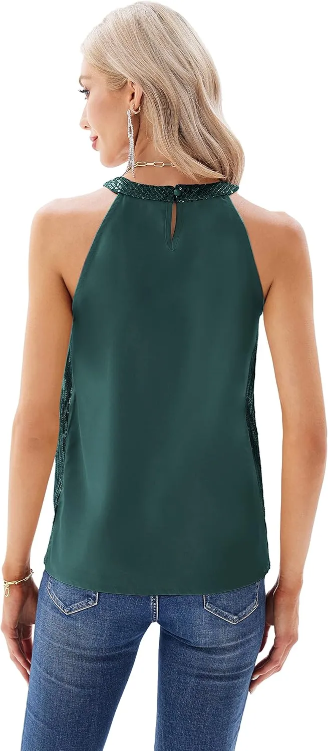 GRACE KARIN Sequin Halter Tops for Women Sleeveless Sparkly Shiny Tank Tops Ruched Flowy Sparkly Club Outfits Party Shirt