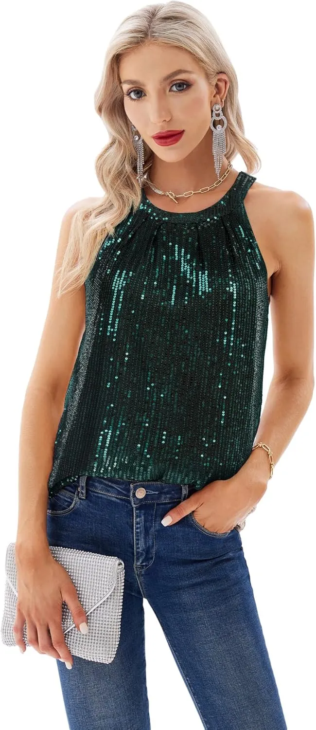 GRACE KARIN Sequin Halter Tops for Women Sleeveless Sparkly Shiny Tank Tops Ruched Flowy Sparkly Club Outfits Party Shirt