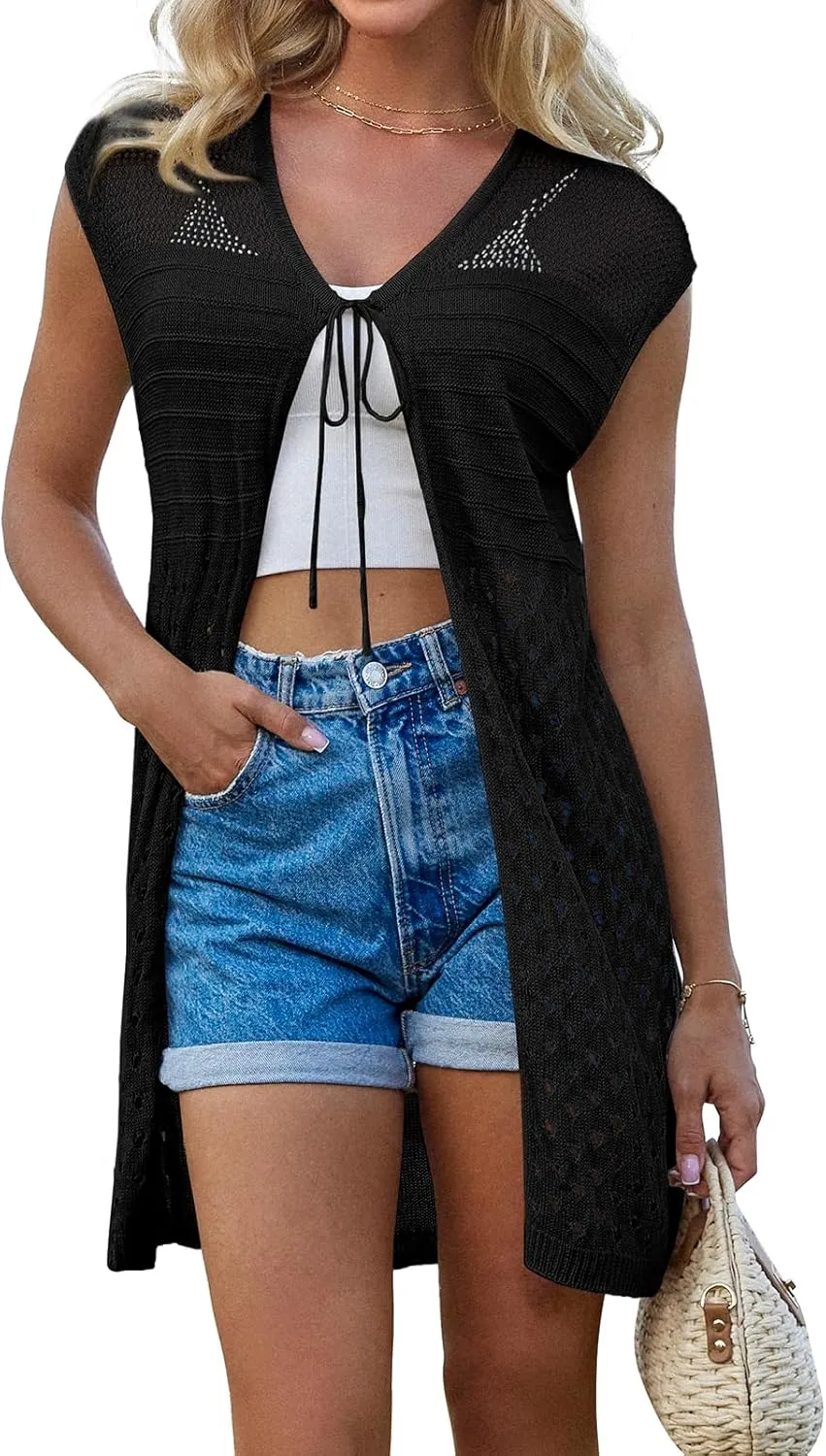 GRACE KARIN Womens Summer Sleeveless Cardigan Vest Lightweight Crochet Cardigan Casual Tie Front Beach Kimono Cardigans