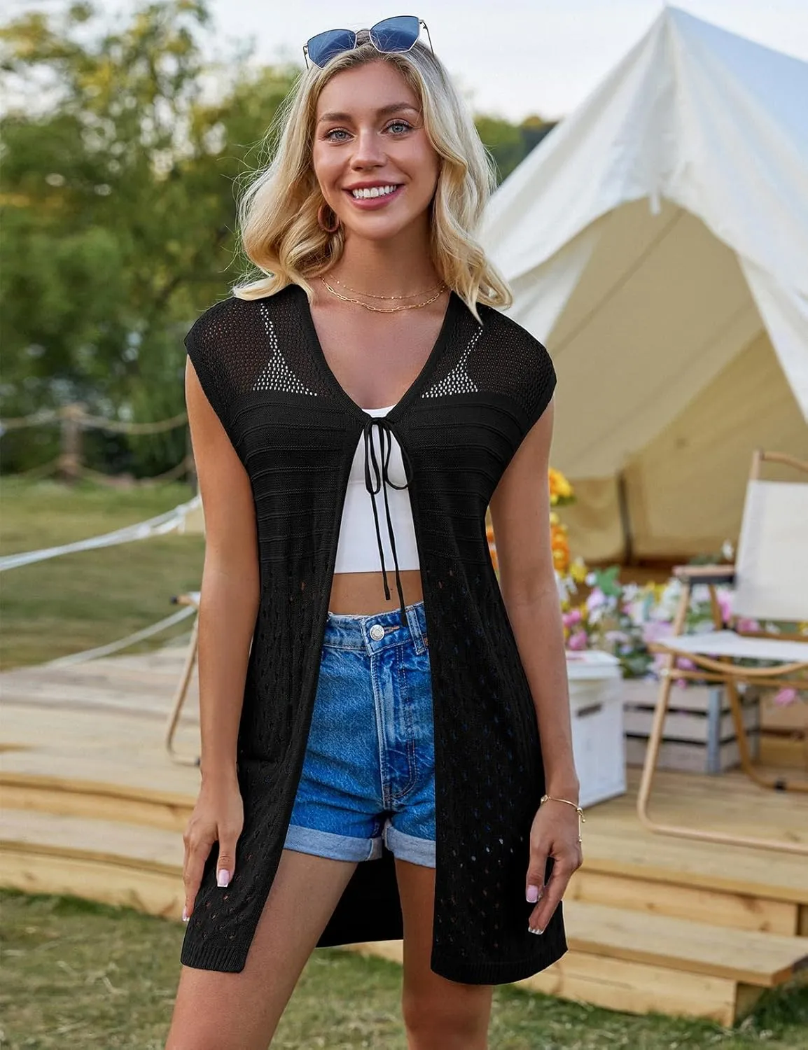 GRACE KARIN Womens Summer Sleeveless Cardigan Vest Lightweight Crochet Cardigan Casual Tie Front Beach Kimono Cardigans