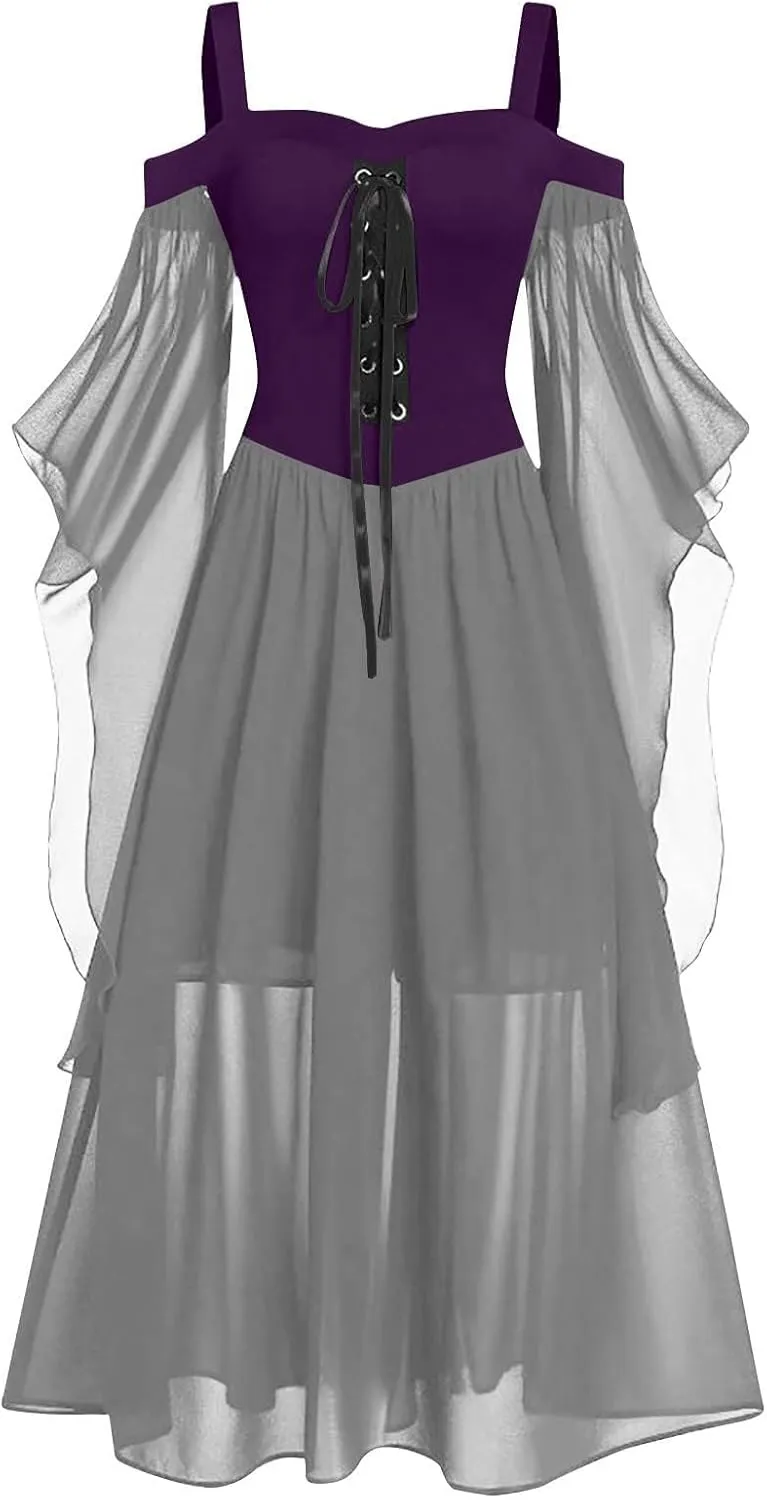 Halloween Costume Dresses for Women Plus Size Cold Shoulder Butterfly Sleeve Gothic Party Dress 2024