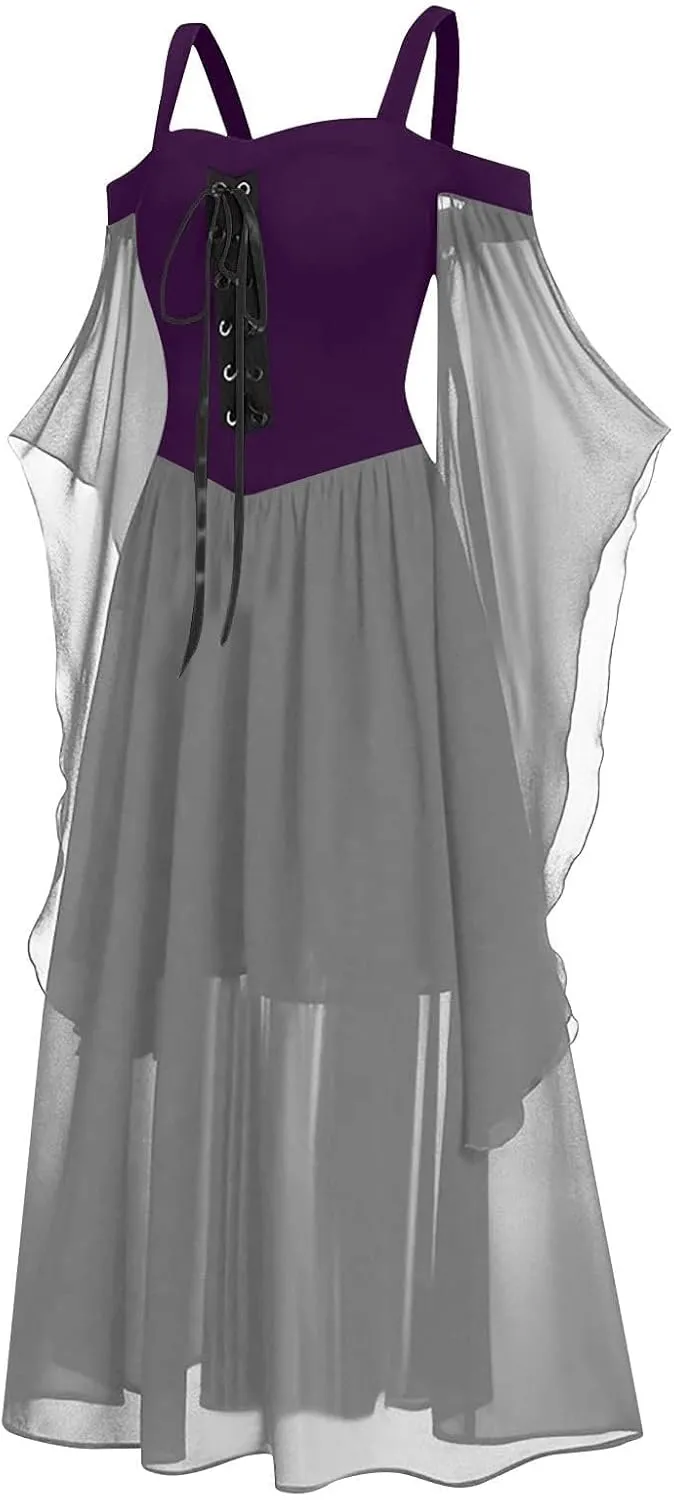 Halloween Costume Dresses for Women Plus Size Cold Shoulder Butterfly Sleeve Gothic Party Dress 2024