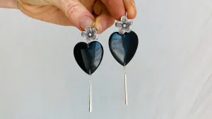 Heart & Flower Earrings. Onyx and Sterling Silver. 0443