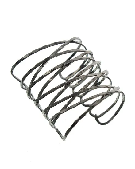Hematite Tone Hammered Woven Cuff Bracelet