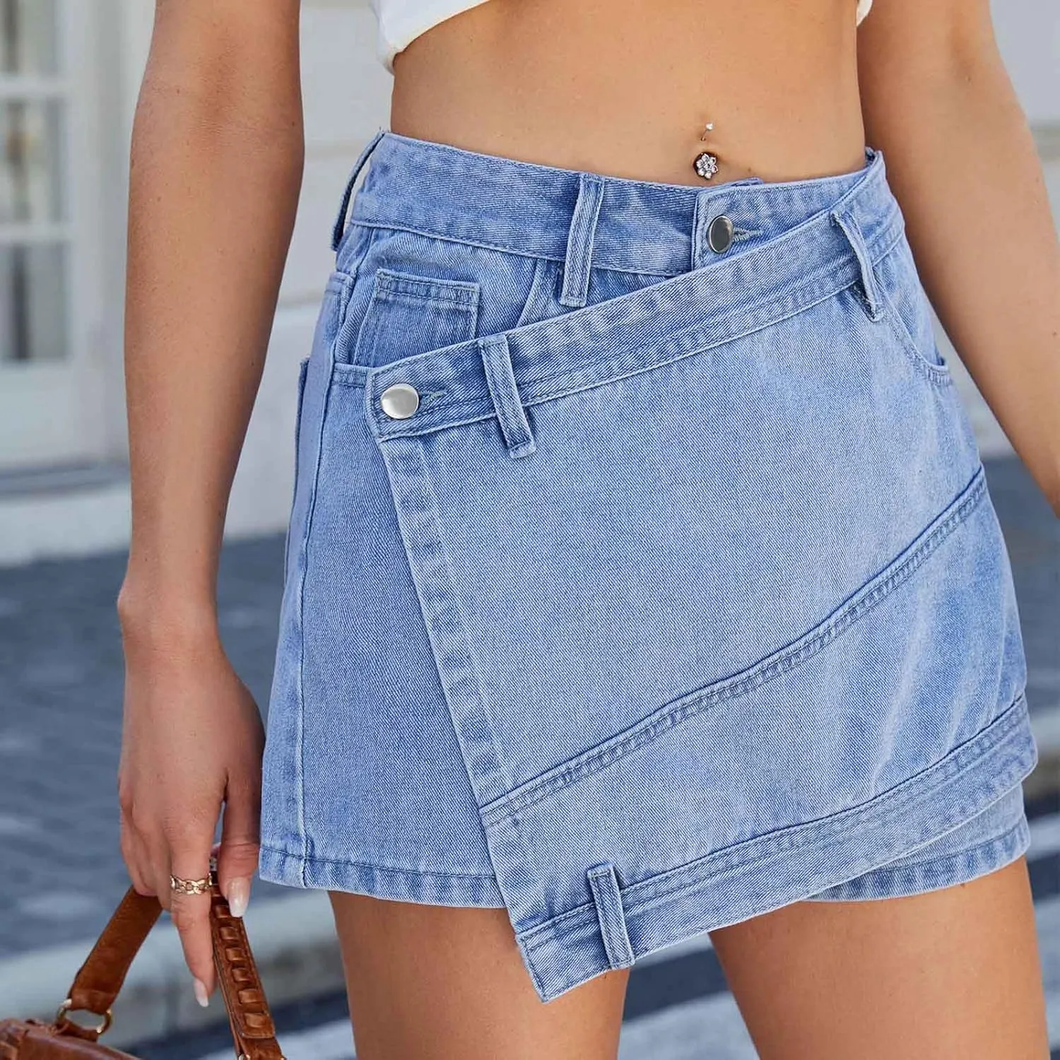 HGps8w Women's Irregular Denim Mini Skirt, Casual High Waisted 2025 Summer Bodycon Sexy Jean Skirts