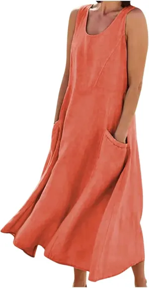 hlysgo Summer Dresses for Women 2024 Vacation Trendy Cotton Linen Beach Sundress with Pockets Casual Sleeveless Flowy Dress