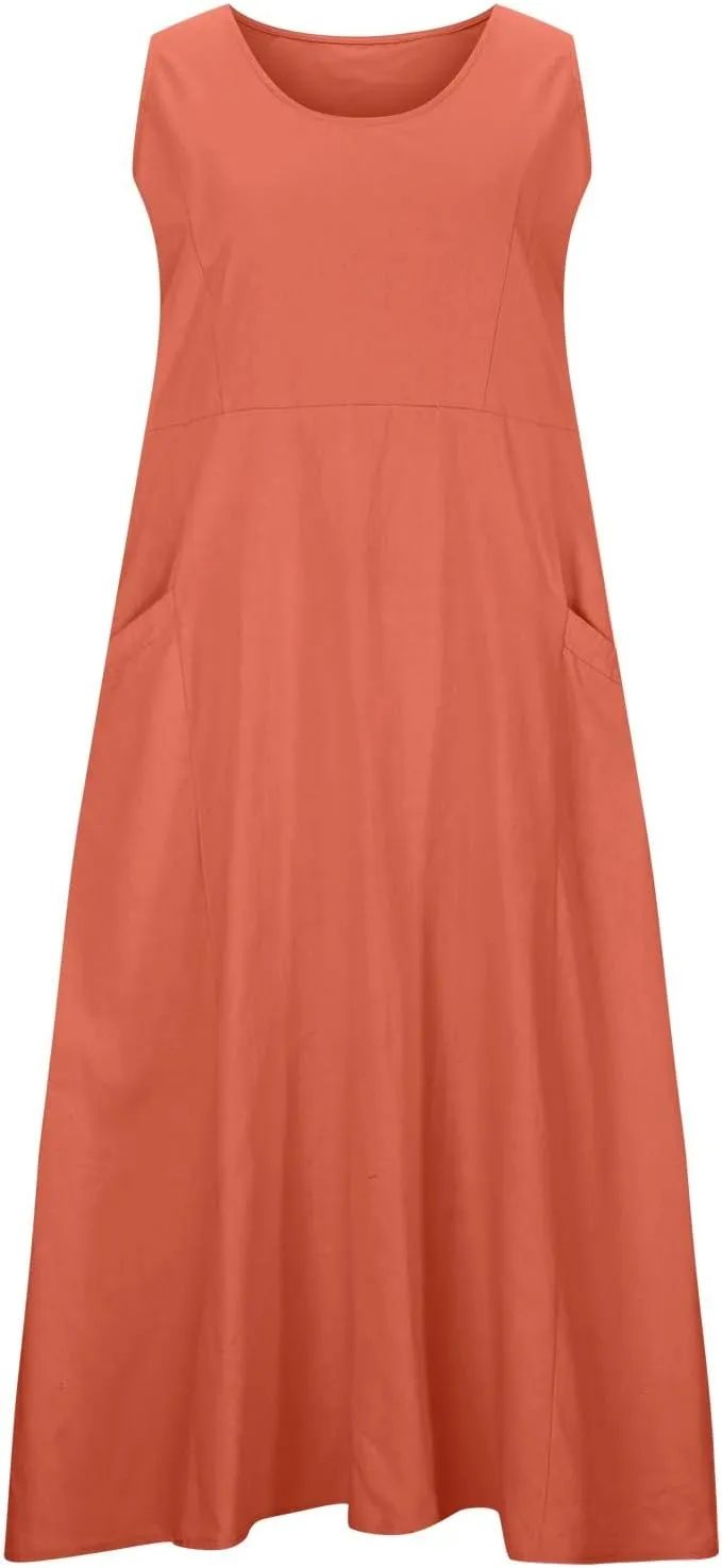 hlysgo Summer Dresses for Women 2024 Vacation Trendy Cotton Linen Beach Sundress with Pockets Casual Sleeveless Flowy Dress