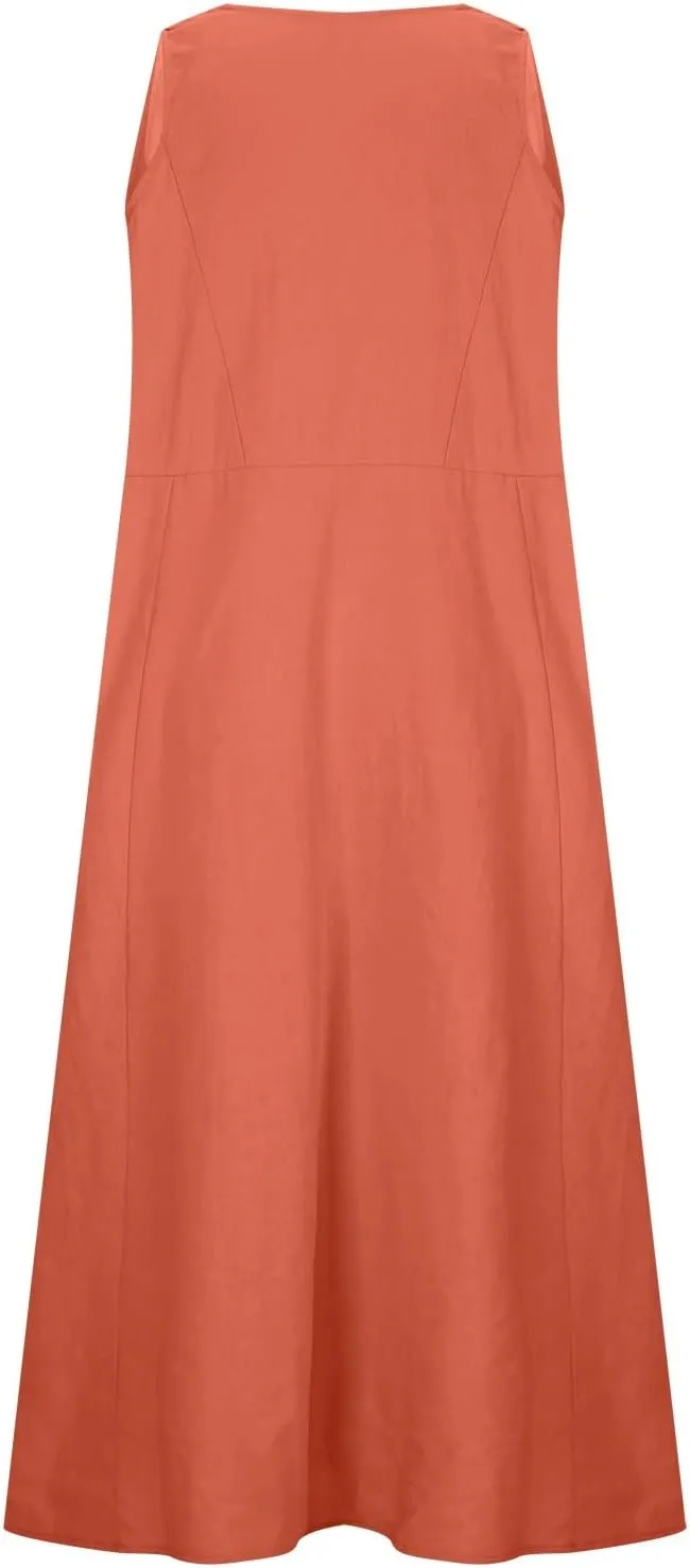 hlysgo Summer Dresses for Women 2024 Vacation Trendy Cotton Linen Beach Sundress with Pockets Casual Sleeveless Flowy Dress
