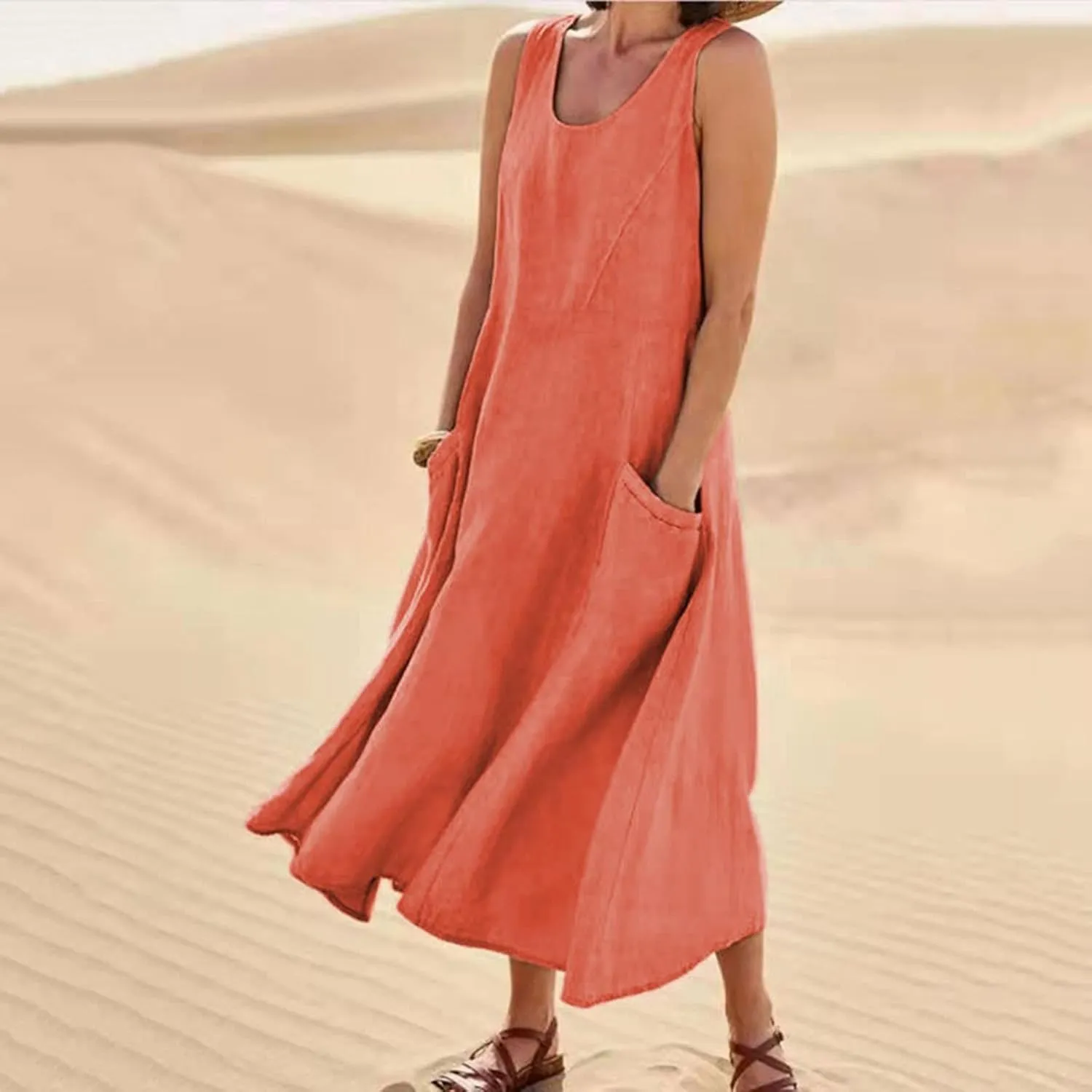 hlysgo Summer Dresses for Women 2024 Vacation Trendy Cotton Linen Beach Sundress with Pockets Casual Sleeveless Flowy Dress