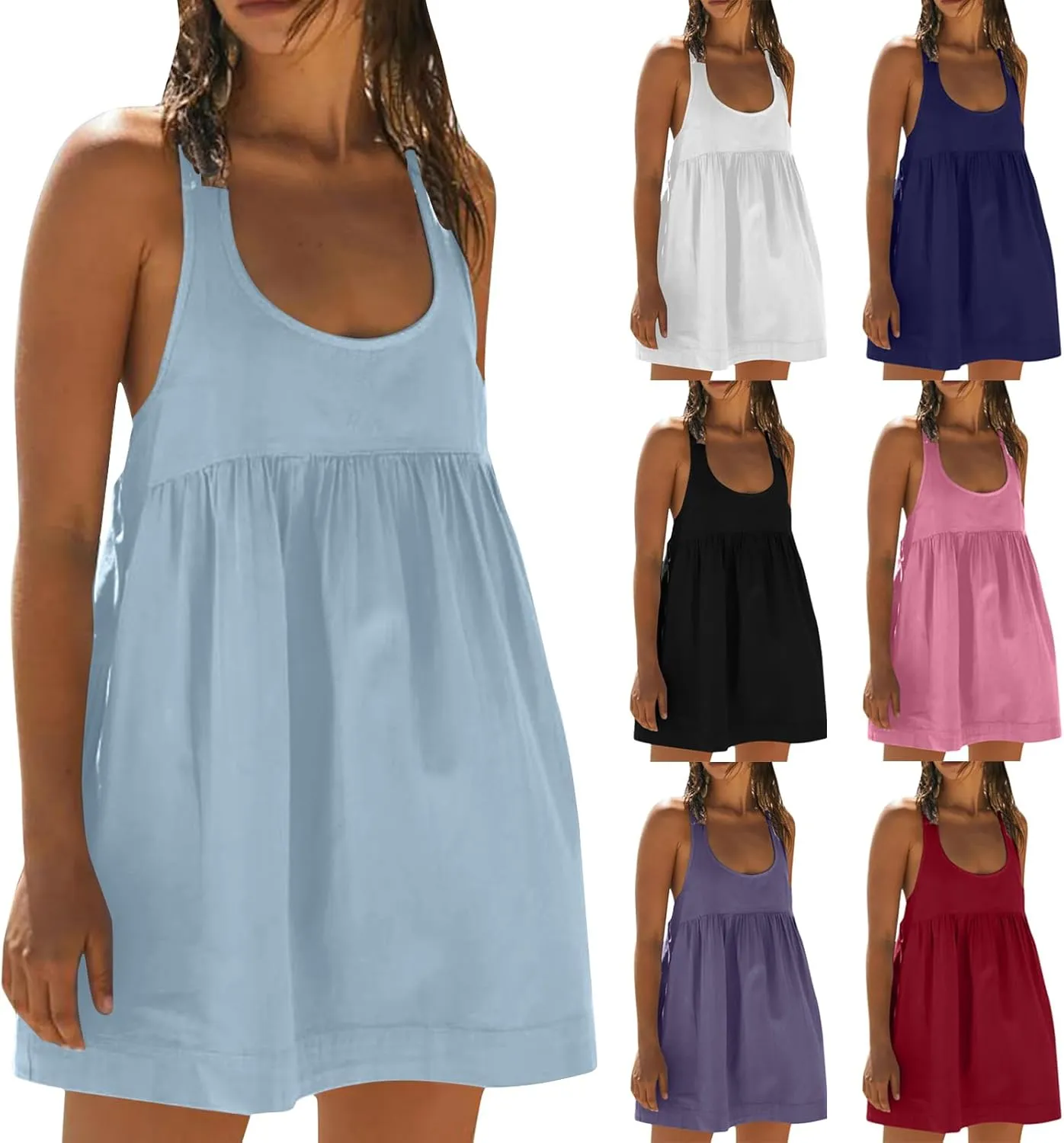 hlysgo Sundresses for Women 2024 Summer Sleeveless Crew Neck Mini Dress Casual Loose Fit Flowy Beach Sundress with Pockets