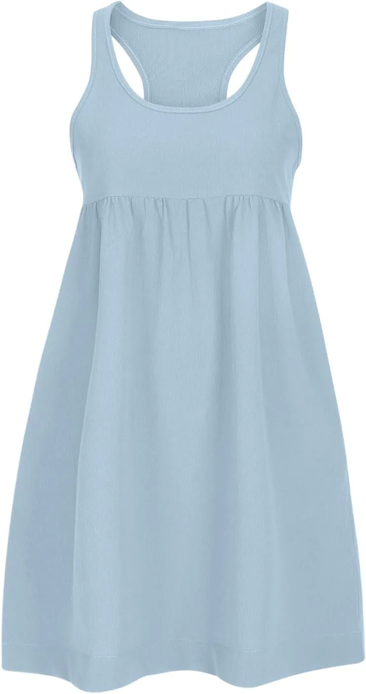 hlysgo Sundresses for Women 2024 Summer Sleeveless Crew Neck Mini Dress Casual Loose Fit Flowy Beach Sundress with Pockets