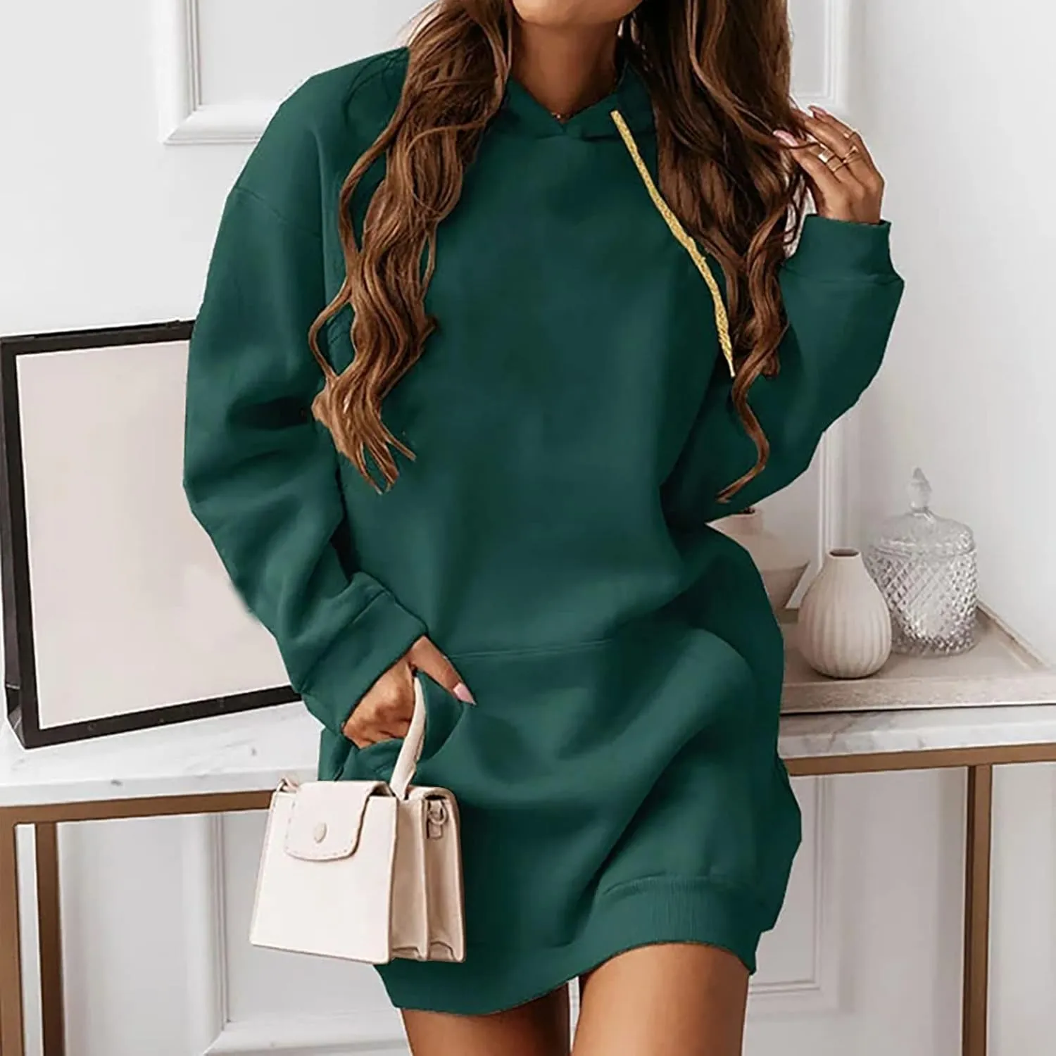 Hoodie Dress for Women Solid Colour Long Sleeve Pullover Tops with Pocket Oversized Casual Fashion Sweatshirt Dress