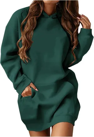 Hoodie Dress for Women Solid Colour Long Sleeve Pullover Tops with Pocket Oversized Casual Fashion Sweatshirt Dress