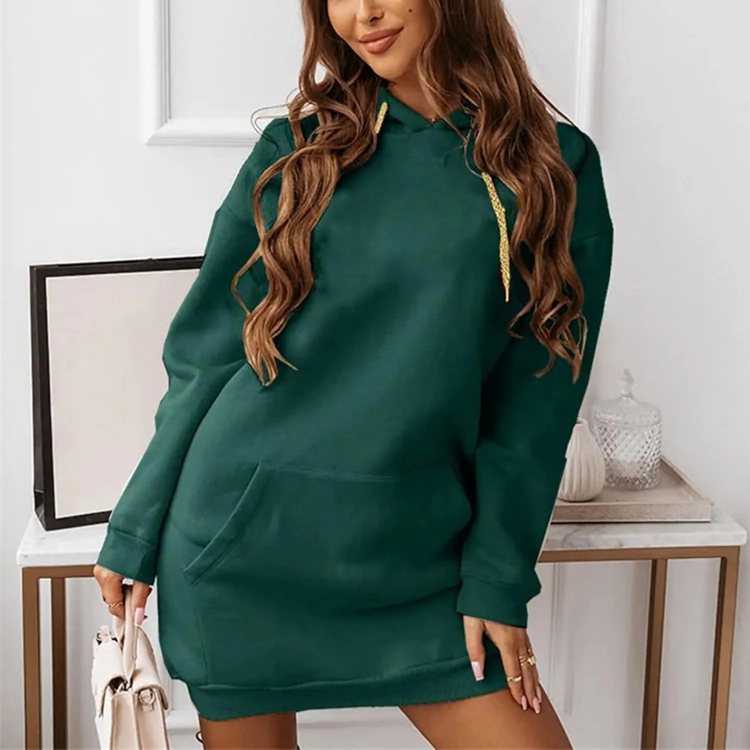 Hoodie Dress for Women Solid Colour Long Sleeve Pullover Tops with Pocket Oversized Casual Fashion Sweatshirt Dress