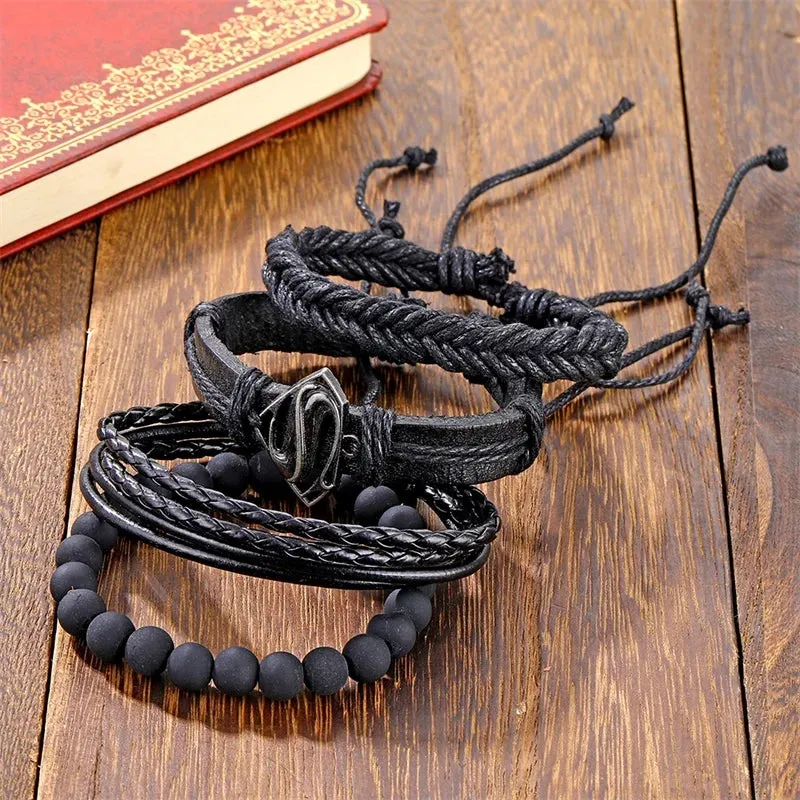 IFMIA Vintage Black Bead Bracelets For Men Fashion Hollow Triangle Leather Bracelet & Bangles Multilayer Wide Wrap Jewelry 2020