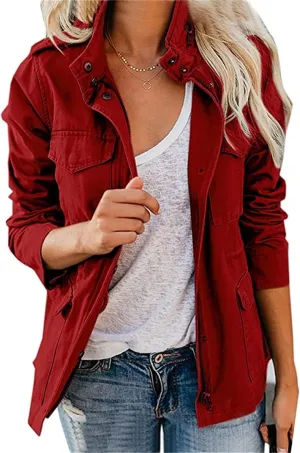 IVERIRMIN Women's Military Jacket Lightweight Zip Up Snap Buttons Utility Cargo Anorak with Pockets Safari Coat Outwear