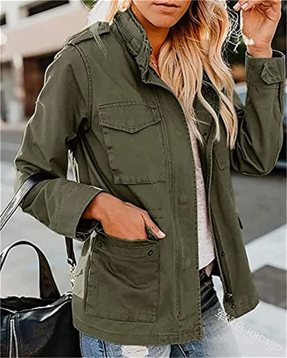 IVERIRMIN Women's Military Jacket Lightweight Zip Up Snap Buttons Utility Cargo Anorak with Pockets Safari Coat Outwear