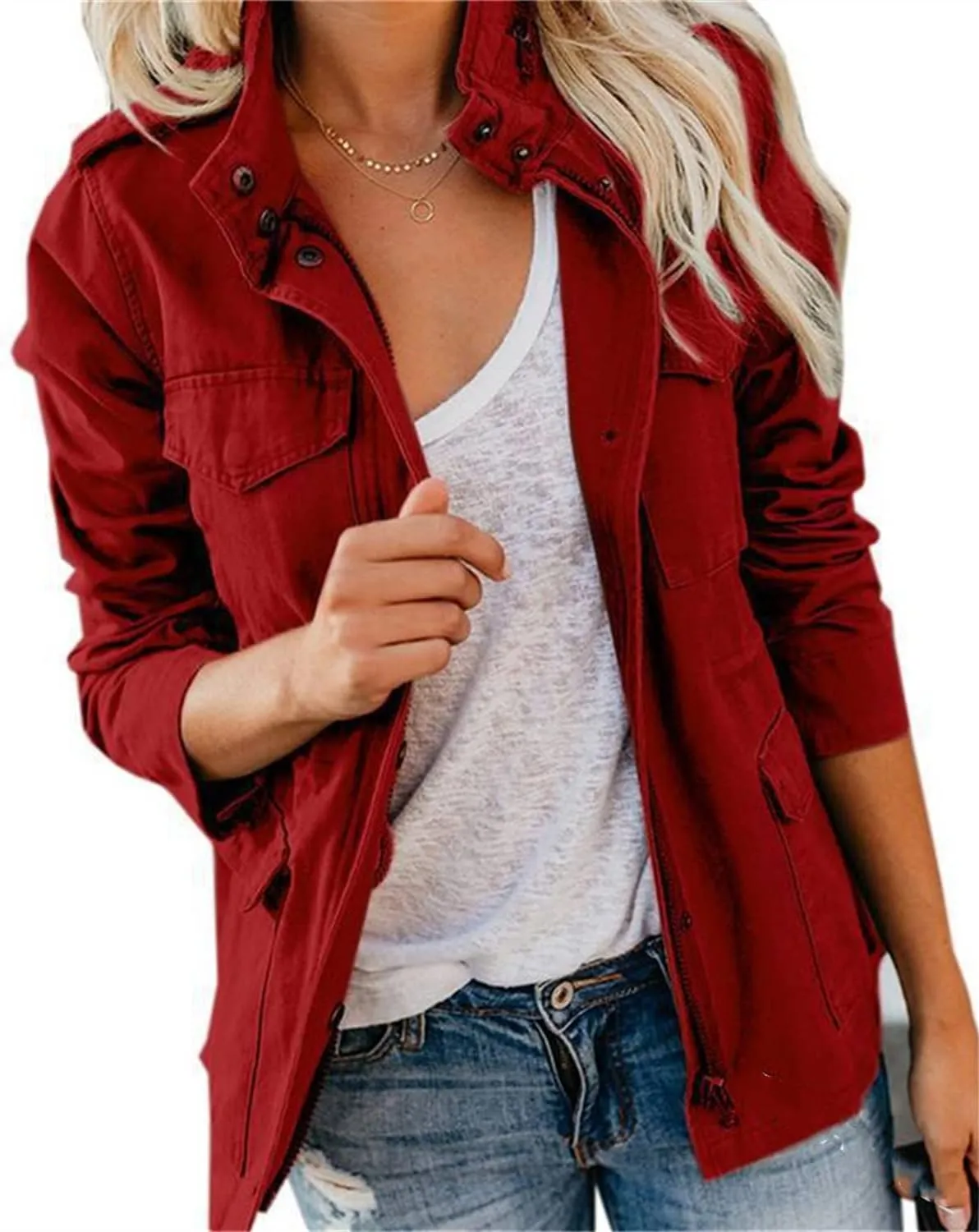 IVERIRMIN Women's Military Jacket Lightweight Zip Up Snap Buttons Utility Cargo Anorak with Pockets Safari Coat Outwear