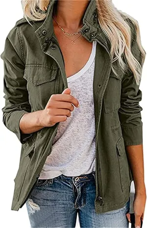 IVERIRMIN Women's Military Jacket Lightweight Zip Up Snap Buttons Utility Cargo Anorak with Pockets Safari Coat Outwear