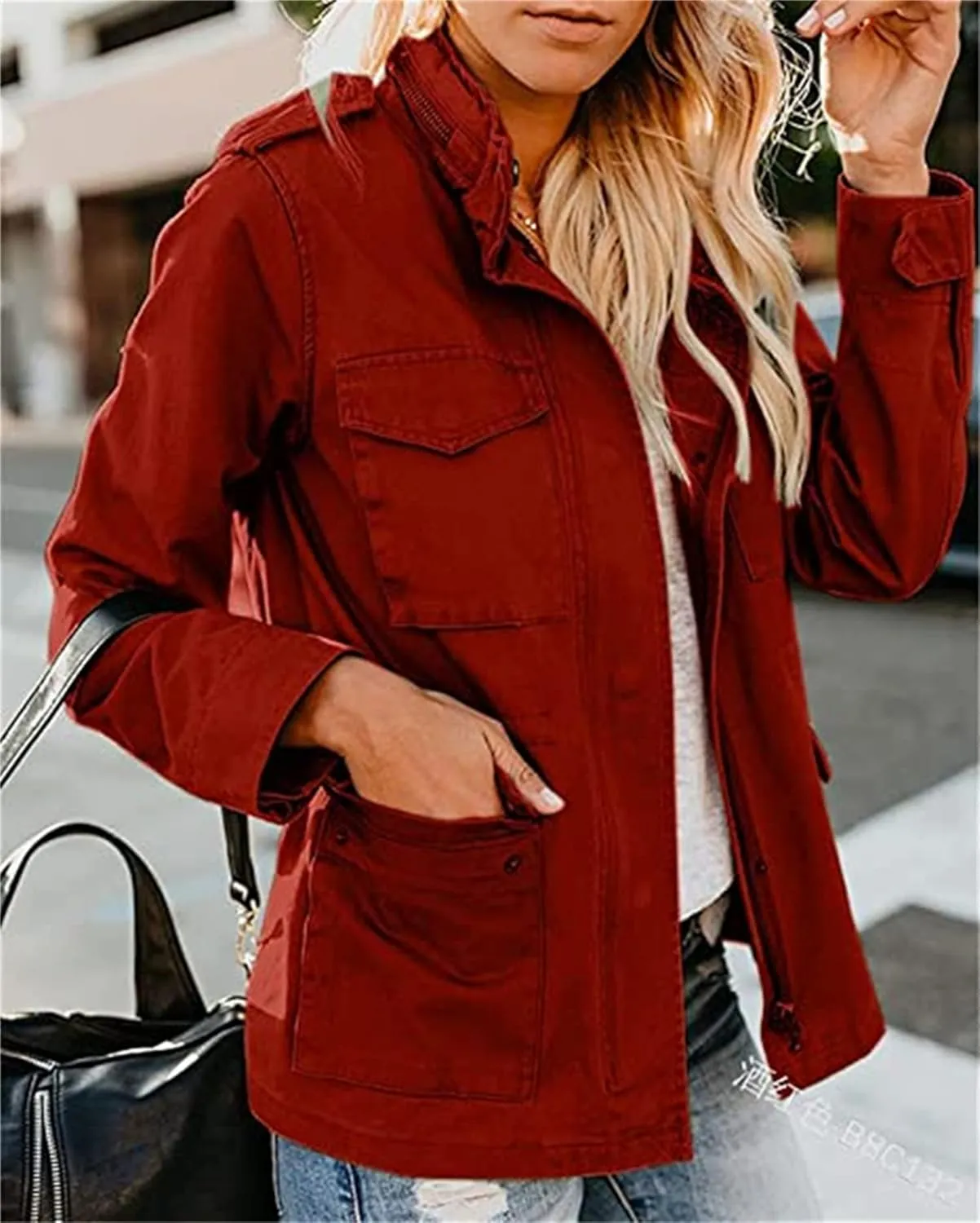 IVERIRMIN Women's Military Jacket Lightweight Zip Up Snap Buttons Utility Cargo Anorak with Pockets Safari Coat Outwear