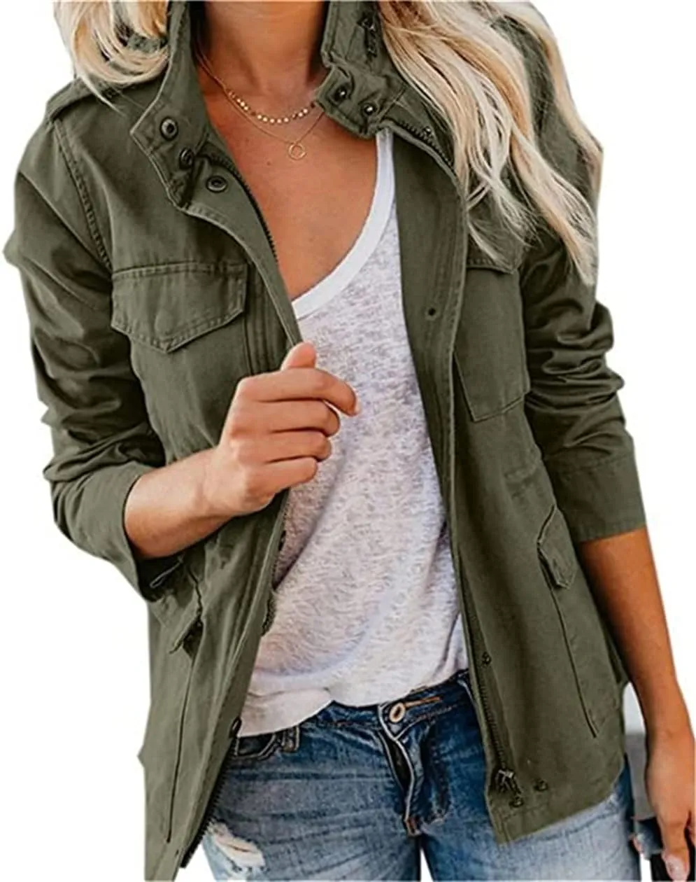 IVERIRMIN Women's Military Jacket Lightweight Zip Up Snap Buttons Utility Cargo Anorak with Pockets Safari Coat Outwear