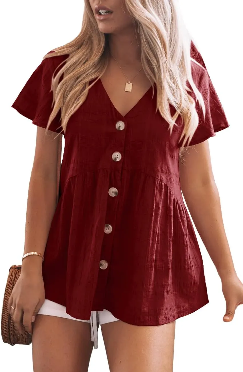 JayGate Womens Short Sleeve V Neck Blouse Button Down Shirt Loose Casual Ruffle Hem Babydoll Peplum Tops