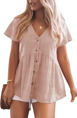 JayGate Womens Short Sleeve V Neck Blouse Button Down Shirt Loose Casual Ruffle Hem Babydoll Peplum Tops