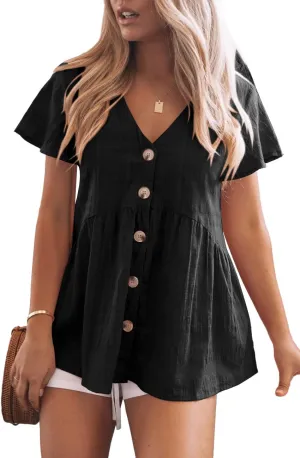 JayGate Womens Short Sleeve V Neck Blouse Button Down Shirt Loose Casual Ruffle Hem Babydoll Peplum Tops