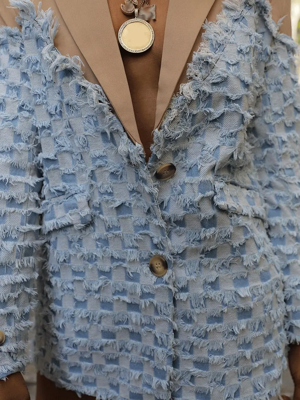 KANSOON Women Denim Blazer Jacket Patchwork Jean Long Sleeve Button Fringes Casual Business Blazers