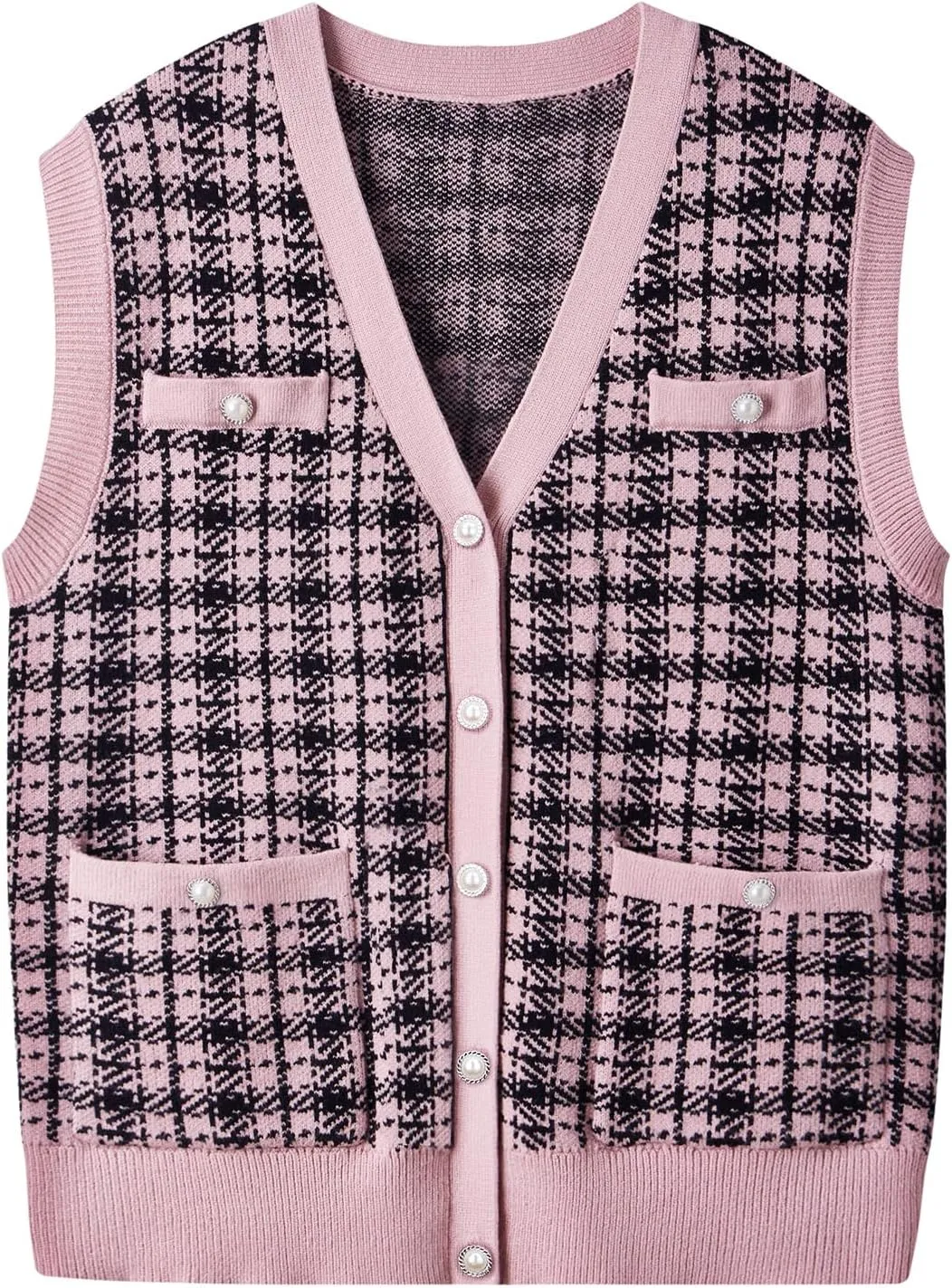 KEOMUD Women's Sweater Vest Oversized Sleeveless Cardigan Casual Loose Button Down Plaid Knit Vest Tops with Pockets