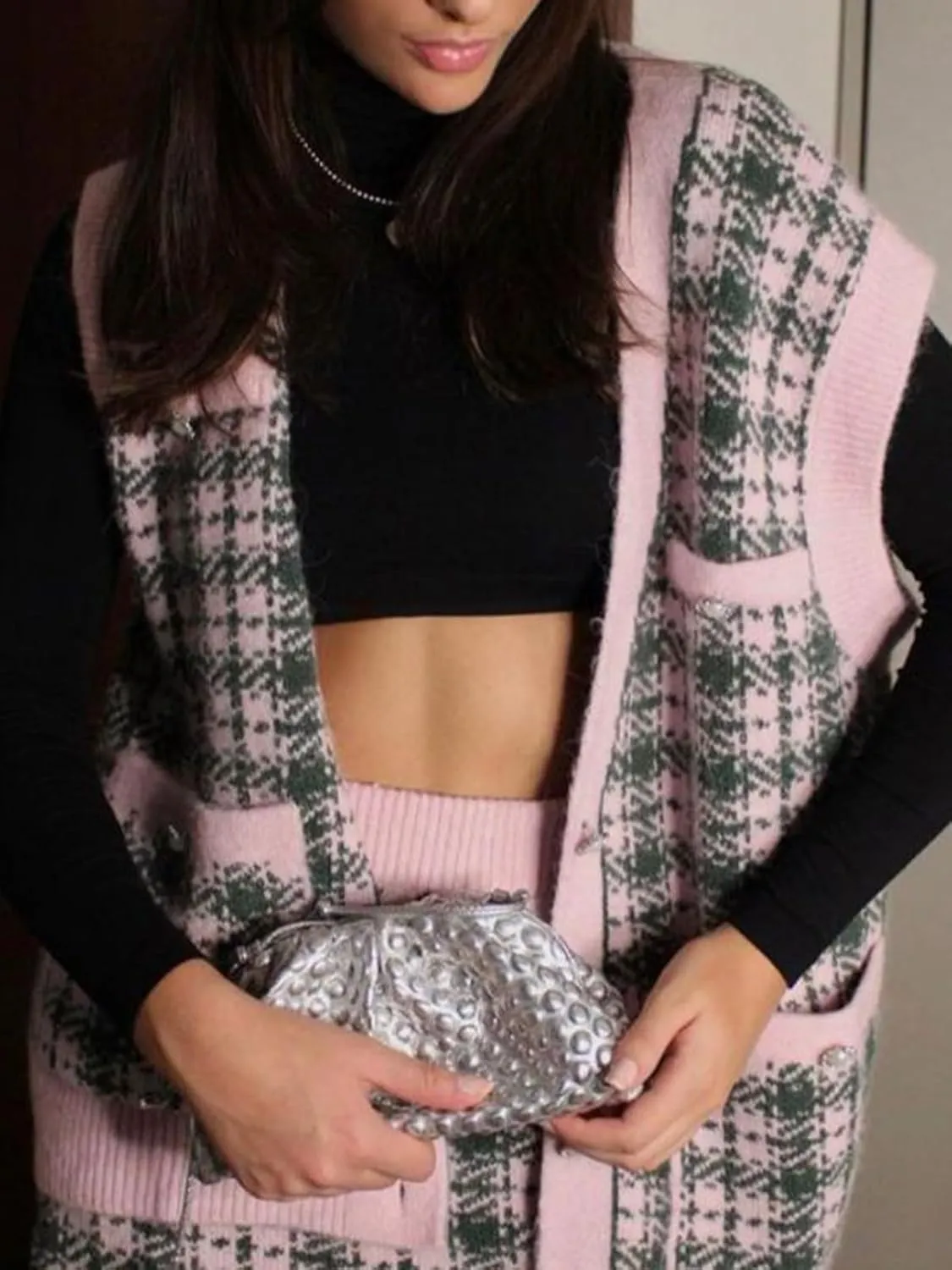 KEOMUD Women's Sweater Vest Oversized Sleeveless Cardigan Casual Loose Button Down Plaid Knit Vest Tops with Pockets