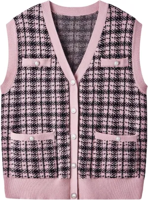 KEOMUD Women's Sweater Vest Oversized Sleeveless Cardigan Casual Loose Button Down Plaid Knit Vest Tops with Pockets