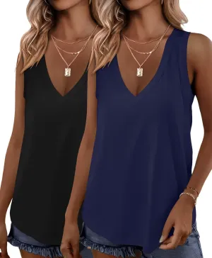 KKJ 2 Pack Womens Tank Tops 2025 Summer V Neck Sleeveless Loose Fit Casual Beach Vacation Outfits Shirt Trendy Cruise Clothes