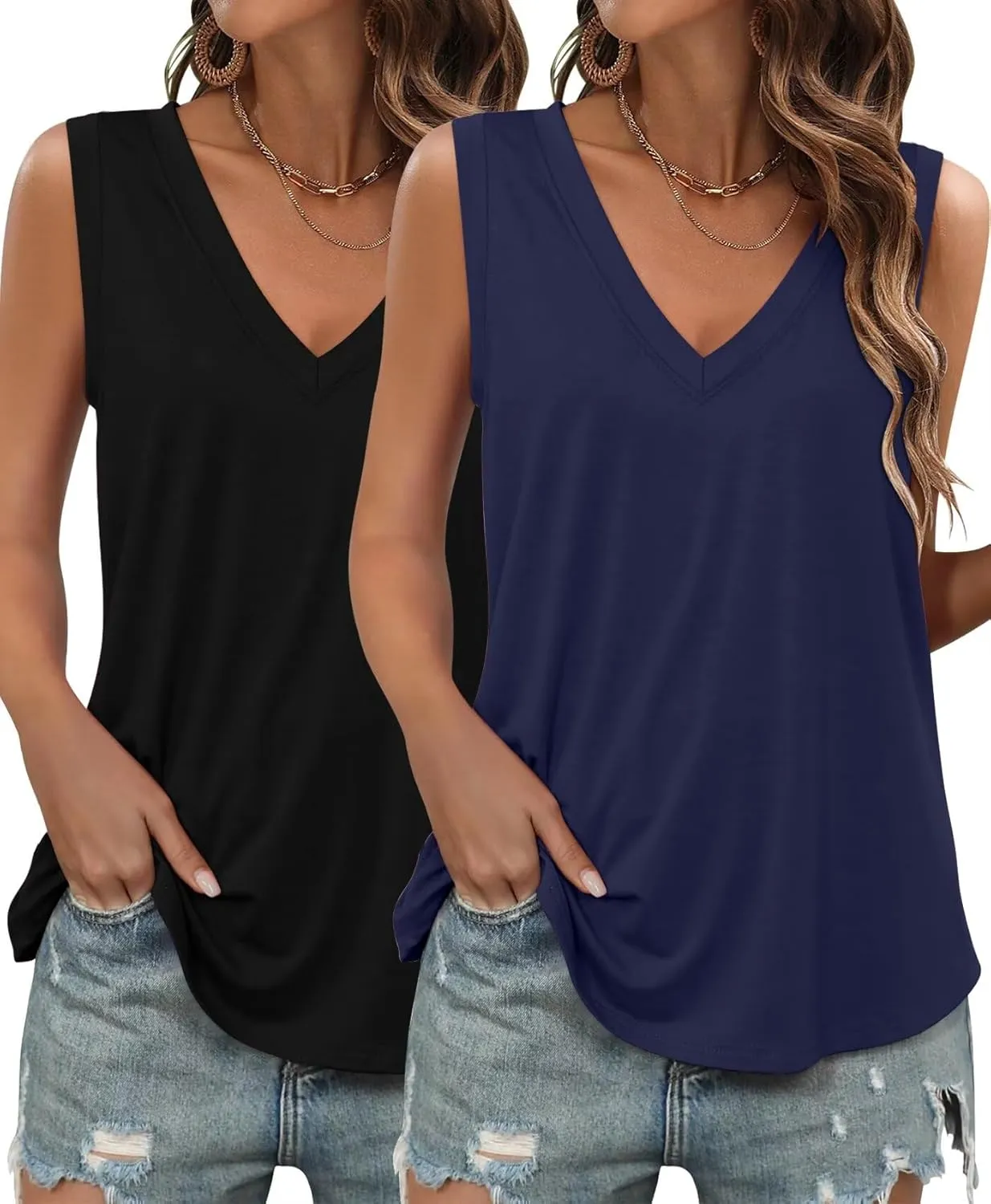 KKJ 2 Pack Womens Tank Tops 2025 Summer V Neck Sleeveless Loose Fit Casual Beach Vacation Outfits Shirt Trendy Cruise Clothes