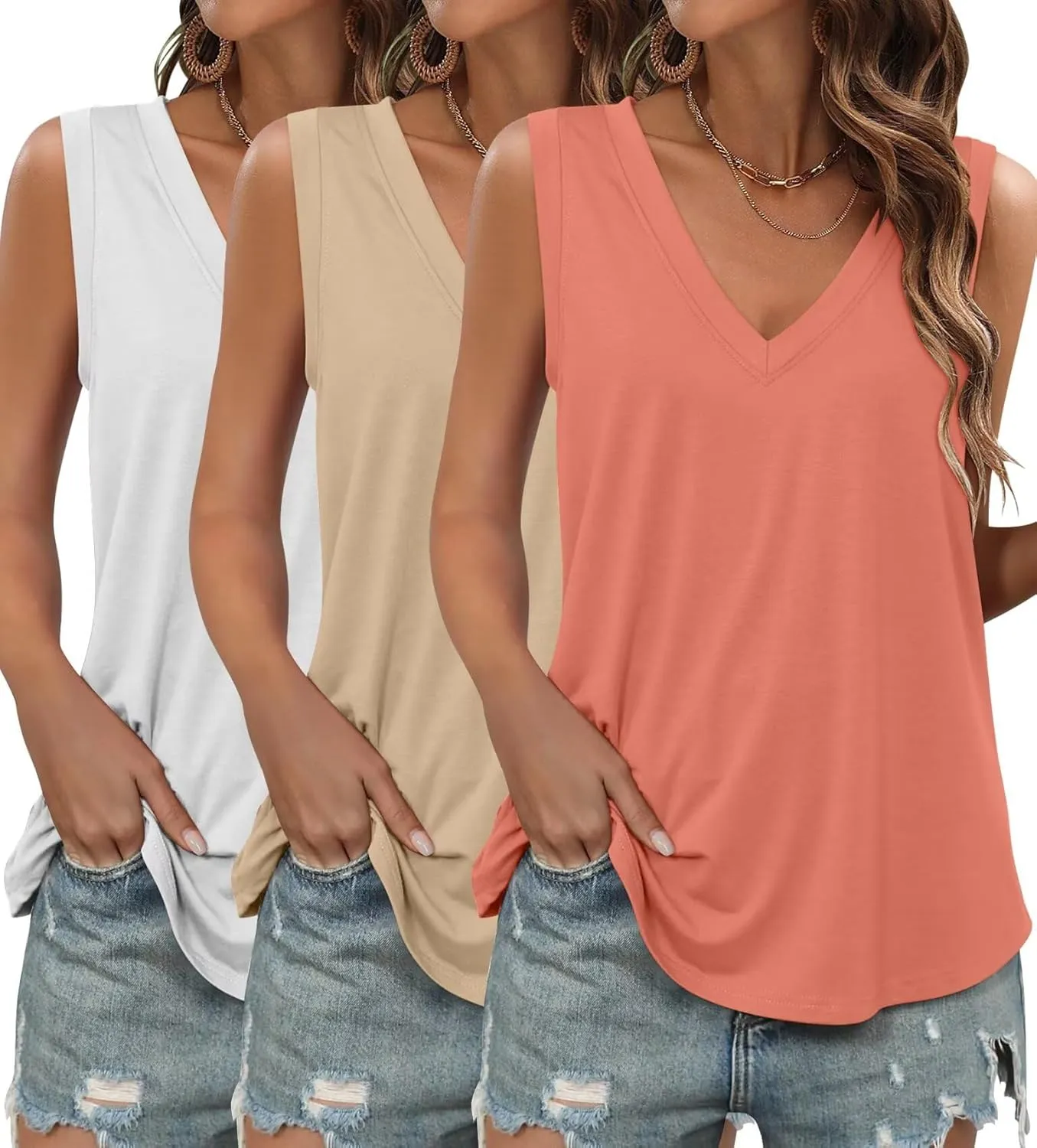 KKJ 3 Pack Womens Tank Tops 2025 Summer Beach Vacation Outfits V Neck Loosefit Sleeveless Casual Cruise Shirt Fashion Clothes